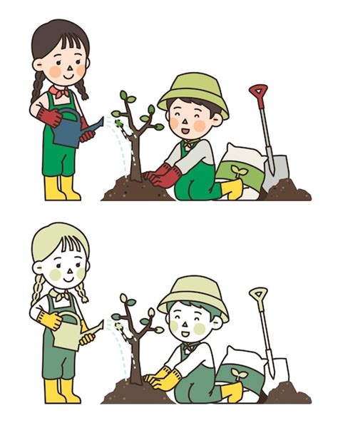 Ilustração De Dois Personagens Plantando árvores Vetor Premium