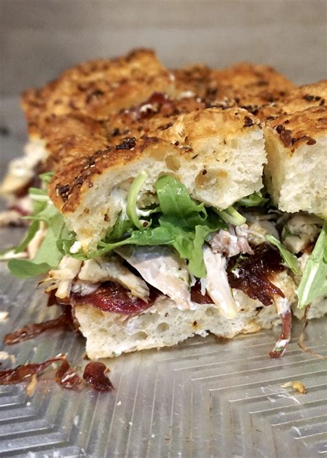 Roasted Chicken Focaccia Sandwich With Goat Cheese Red Onion Jam And