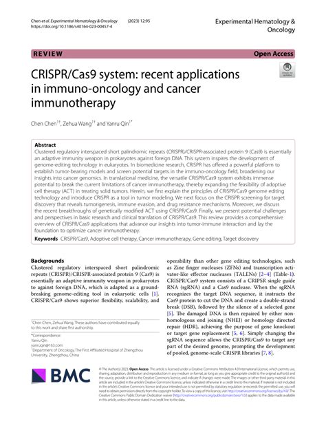 Pdf Crisprcas9 System Recent Applications In Immuno Oncology And