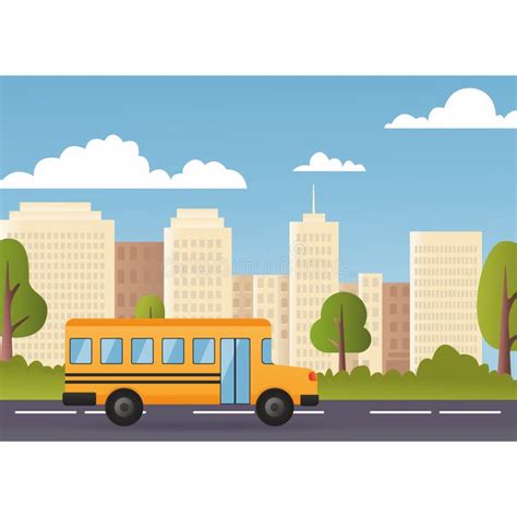 Yellow School Bus. Cute Cartoon School Bus. Modern City on Background. Back To School Concept ...