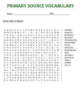 Primary Source Vocabulary Word Search By Curt S Journey Tpt