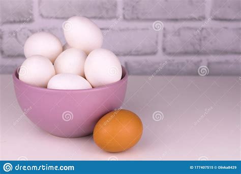 White Raw Chicken Eggs In A Bowl On The Table Copy Space Stock Image