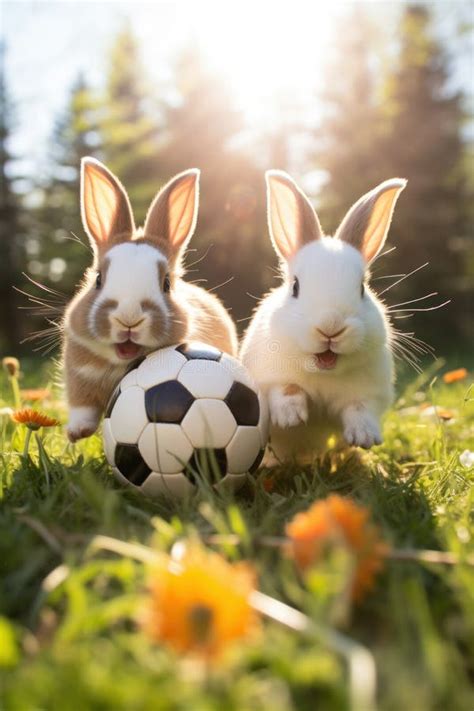 Two Rabbits Are Standing Next To A Soccer Ball In The Grass AI Stock