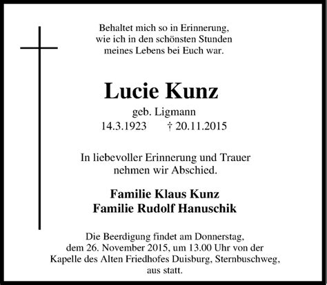 Traueranzeigen Von Lucie Kunz Trauer In Nrw De