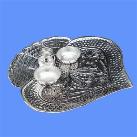 Worship Paan Leaf Shape Silver Pooja Thali Set For Home And Temple At