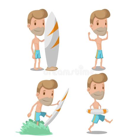 Surfer Cartoon Guy Character Set Vector Stock Illustration