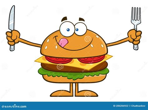 Hungry Hamburger Cartoon Character With Knife And Fork Stock Vector