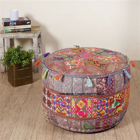 Bohemian Patchwork Pouf Cover Ottoman Ethnic Decor Indian Pouffe Foot