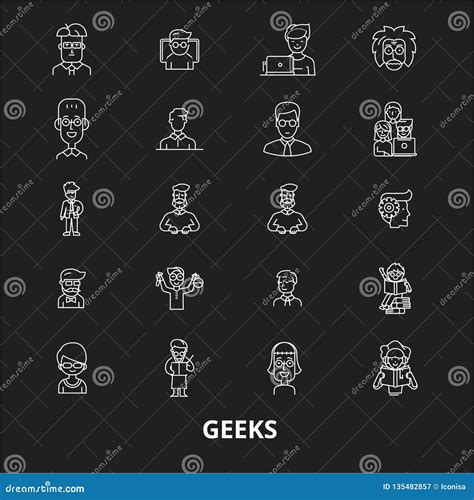 Geeks Editable Line Icons Vector Set On Black Background Geeks White