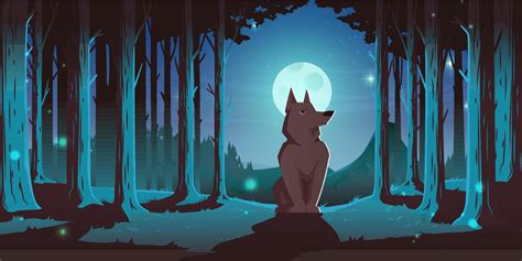 Wolf Sitting In Forest At Night Vector Art At Vecteezy