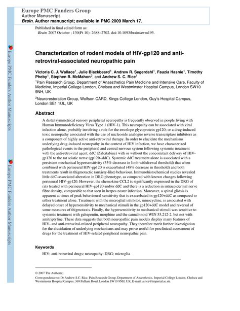 Pdf Characterization Of Rodent Models Of Hiv Gp120 And Anti Retroviral Associated Neuropathic Pain