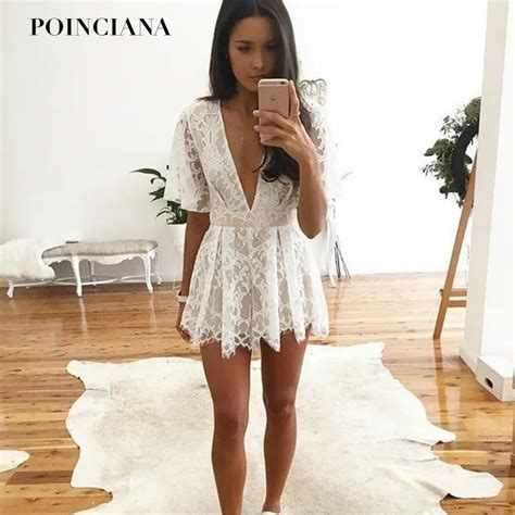 Sexy Deep V Neck Lace Playsuit Short Sleeve Sweet Playsuite Cute