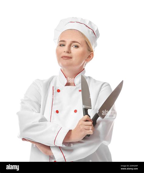 Mature Female Chef With Knives On White Background Stock Photo Alamy