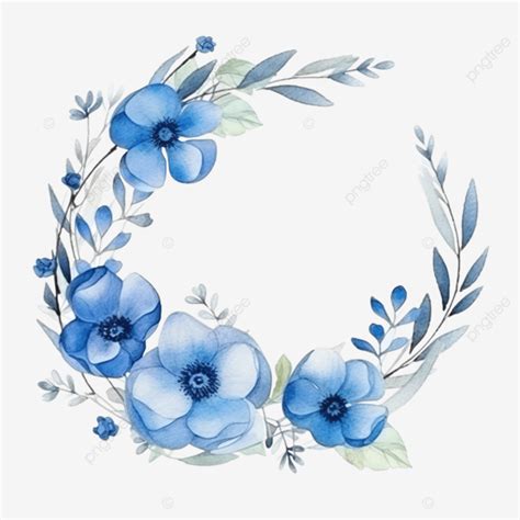 Watercolor Leaves And Blue Flower Bouquet Wreath Frame Digital Painting