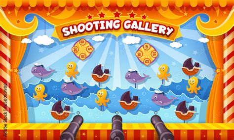 Carnival shoot game, amusement park booth targets, cartoon vector background. Shooting gallery ...