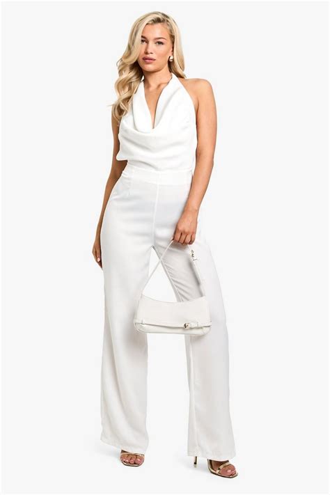 Halterneck Pearl Strap Wide Leg Jumpsuit Boohoo Uk