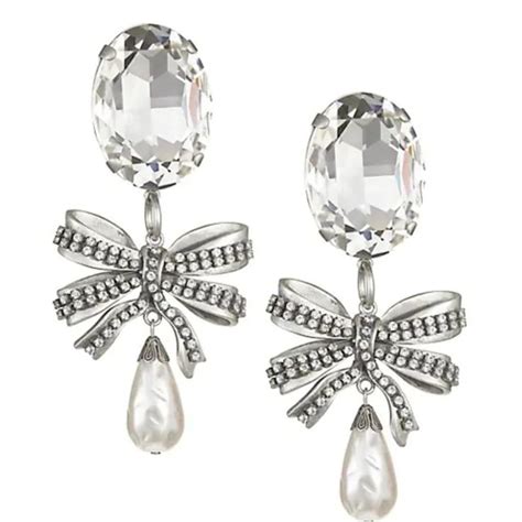 Alessandra Rich Crystal Bow Pearl Drop Earring Runway Catalog Pearl