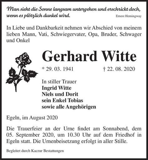 Traueranzeigen Von Gerhard Witte Abschied Nehmen De