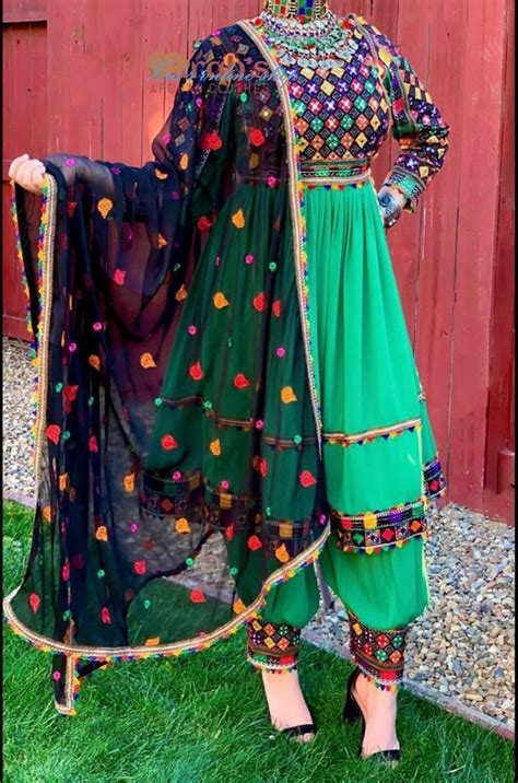 Afghan Kuchi Traditional Handmade Black And Green Dress With Golden