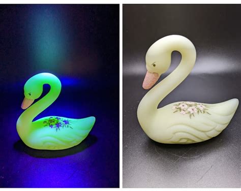 Vintage Swan Fenton Custard Glass Swan Uranium Glass Hand Painted Swan With Pink Flowers