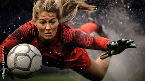 Professional woman football goalkeeper is diving to save the ball , women soccer concept Stock ...