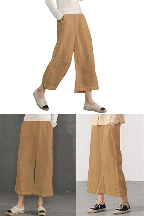 Ecupper Womens Casual Loose Elastic Waist Cotton Trouser Cropped Wide