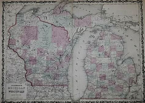 Vintage Antique 1863 Railroad And County Map Michigan Wisconsin Old