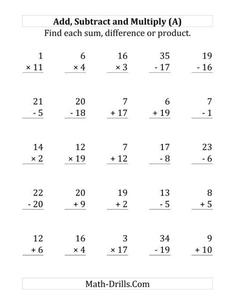 Adding Subtracting And Multiplying With Facts From 1 To 20 A Mixed