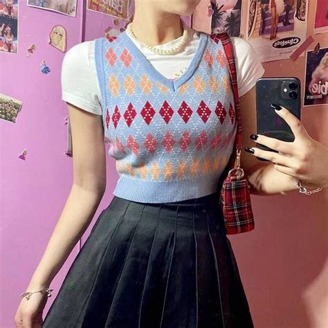 Y2k Argyle Plaid V Neck Knitted Pullover Cropped Sweater Etsy