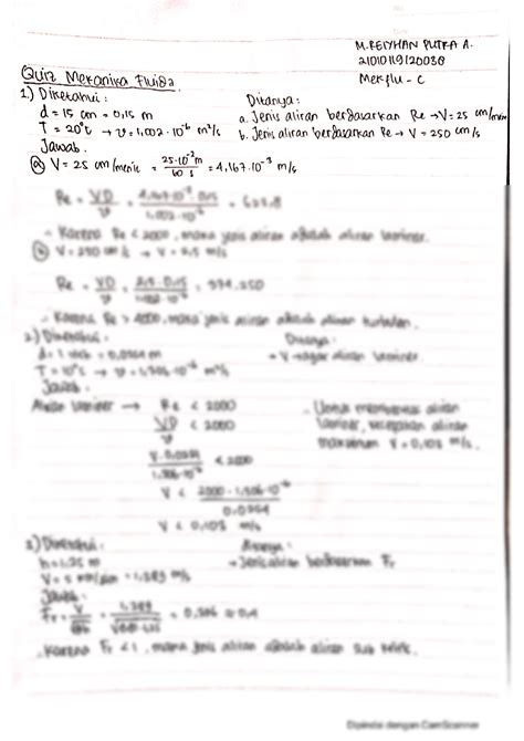 Solution Mekanika Fluida Perhitungan Penentuan Jenis Aliran Studypool