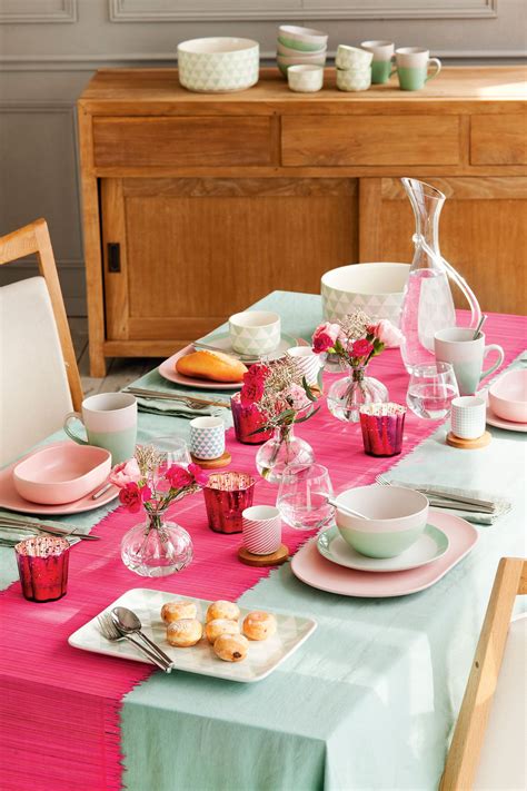 Semitoma De Mesa De Comedor Fresca En Verde Y Rosa Jugar Con La Vajilla Dinning Room Kitchen