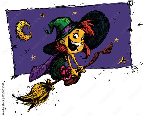 Cartoon Witch Flying On Her Broom Vector Halloween Illustration Hand