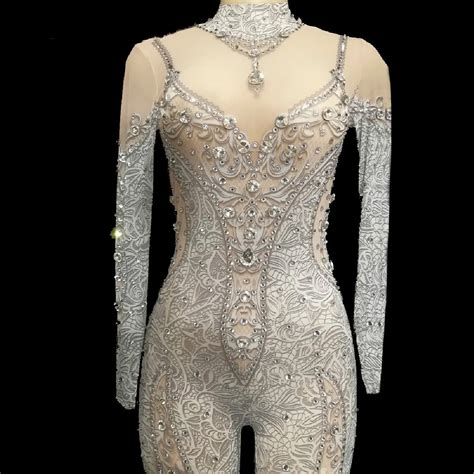 Glisten Rhinestones Sexy See Through Jumpsuit Women S Birthday Celebrate Outfit Evening Dance Dj