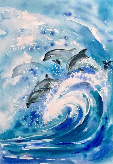 Watercolor Painting Abstract Dolphins Painting Seascape Original