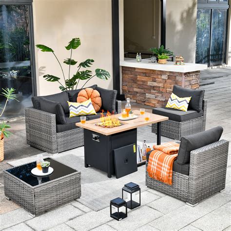 Ovios Pieces Patio Fire Pit Set All Weather Wicker Outdoor