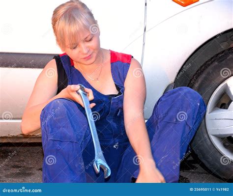 Beautiful Woman Repairing The Car Stock Image Image Of Motor Machine