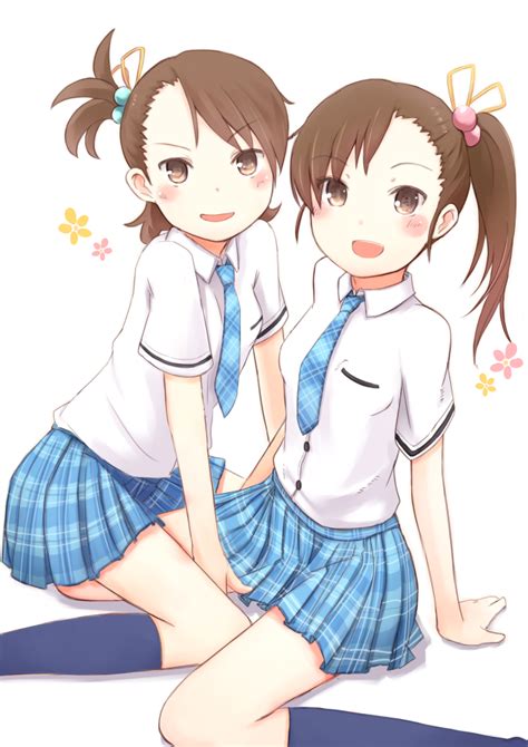 Safebooru 2girls Arm Support Brown Eyes Brown Hair Flower Futami Ami