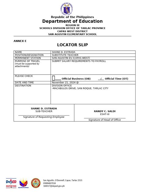 locator slip  substitute teacher