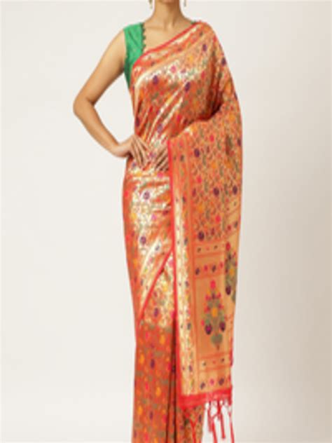 Buy Karagiri Red And Gold Coloured Floral Zari Silk Blend Paithani Saree
