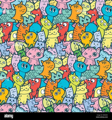 Funny Doodle Cats And Kittens Seamless Pattern For Prints Designs And