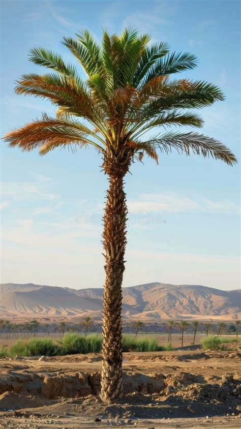 Palm Tree In Desert Landscape With Mountains In Background Stock Photo