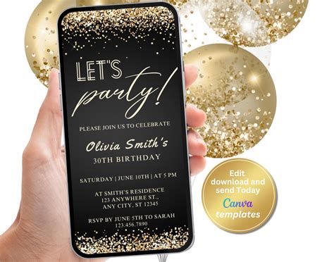 Editable Black Gold Birthday Invitation, Gold Glitter, Editable ...