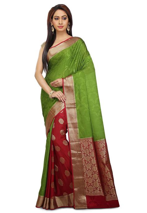 Pure Mysore Crepe Silk Saree In Green And Red Elegantly Woven With Zari