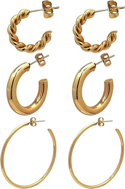 3 Pairs Gold Chunky Hoop Earrings Set For Women Hypoallergenic Thick Open Twisted