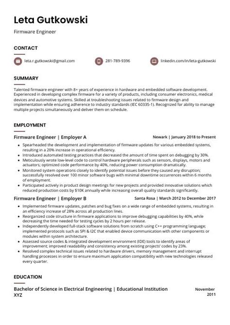 Firmware Engineer Resume (CV) Example and Writing Guide