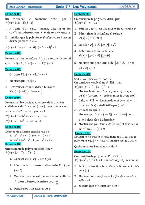 Les Polyn Mes Exercices Non Corrig S Alloschool