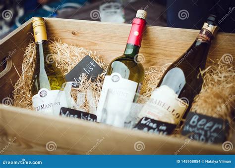 Bottles Of Wine In A Vintage Wooden Box Decoration Showcase Wine Shop