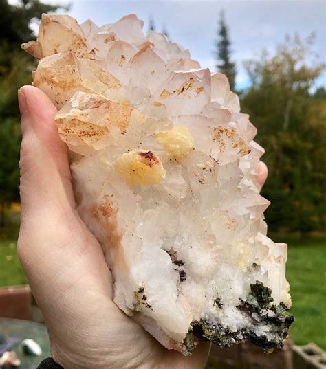 852g Quartz Crystal Cluster With Yellow Calcite Flowers And Green