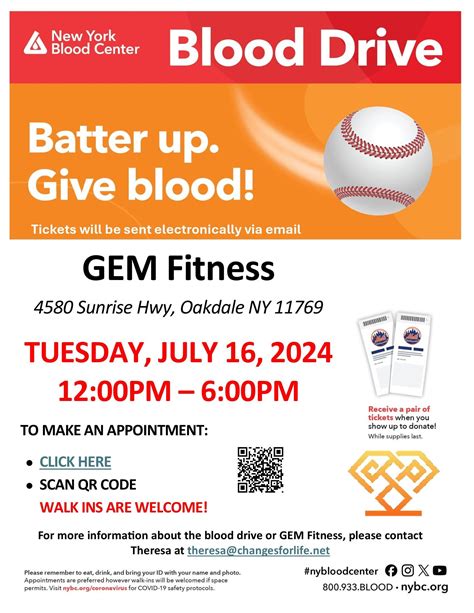 Jul 16 Oakdale Community Blood Drive Pair Of NY Mets Tickets For