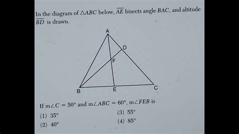 In The Diagram Of Abc Below Ae Bisects Angle Bac And Altitude Bd Is